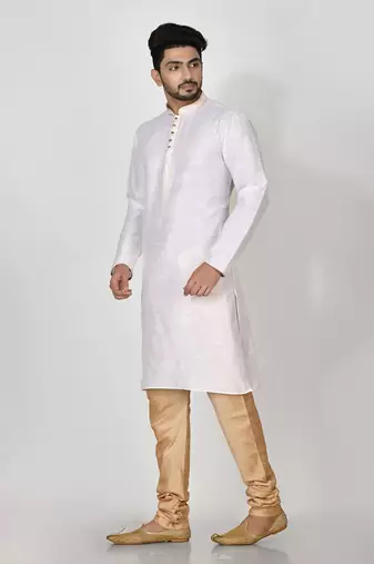 Ranak White Mulbary Cotton Silk Kurta Pajama