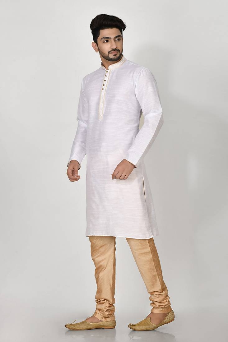 Ranak White Mulbary Cotton Silk Kurta Pajama