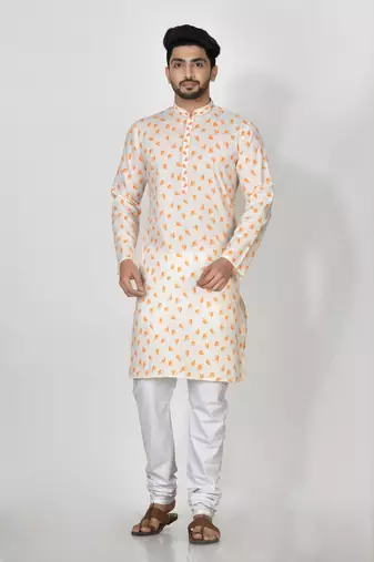 Ranak Yellow Cotton Print Kurta Pajama