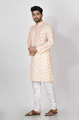 Ranak Yellow Cotton Print Kurta Pajama