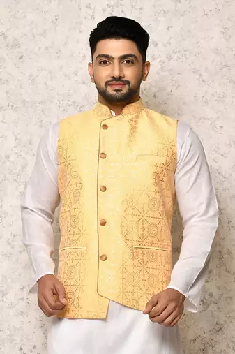 Ranak Cream Art Silk Nehru Jacket