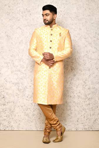 Ranak Yellow Cotton & Jacquard Indowestern Sherwani