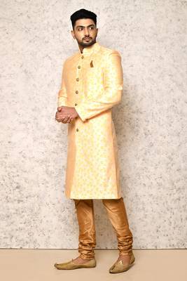 Ranak Yellow Cotton & Jacquard Indowestern Sherwani 2