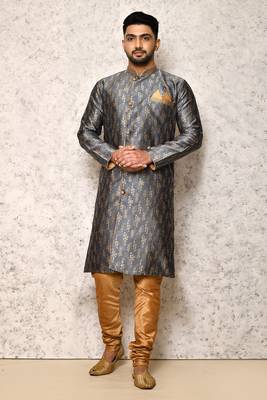 Ranak Grey Art Silk & Jacquard Indowestern Sherwani 1