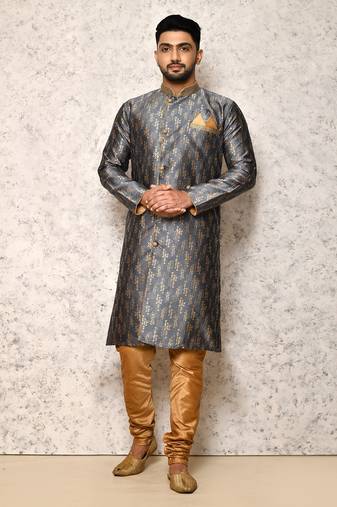 Ranak Grey Art Silk & Jacquard Indowestern Sherwani