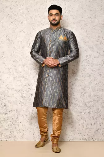 Ranak Grey Art Silk & Jacquard Indowestern Sherwani