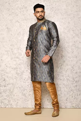 Ranak Grey Art Silk & Jacquard Indowestern Sherwani