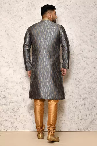 Ranak Grey Art Silk & Jacquard Indowestern Sherwani