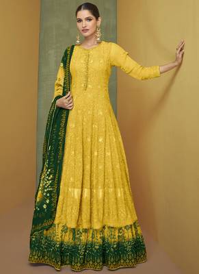 Yellow and Green Georgette Resham Embroidered Anarkali Set 1