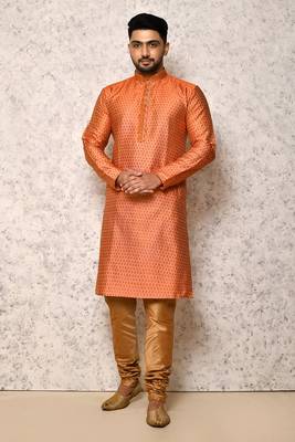 orange cotton & jacquard kurta pajama set 1