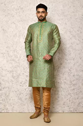 Ranak Rama Green Art Silk jacqurad Kurta Pajama