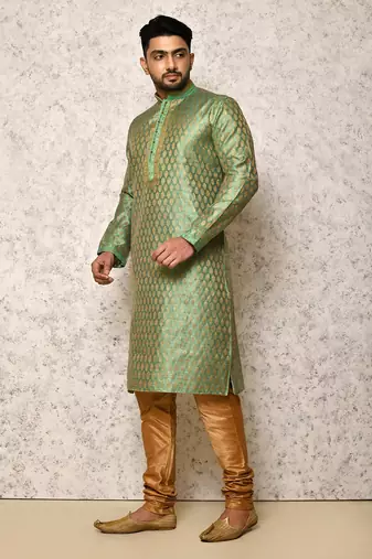 Ranak Rama Green Art Silk jacqurad Kurta Pajama