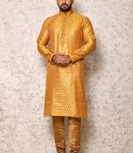 Ranak Yellow Art Silk jacqurad Kurta Pajama
