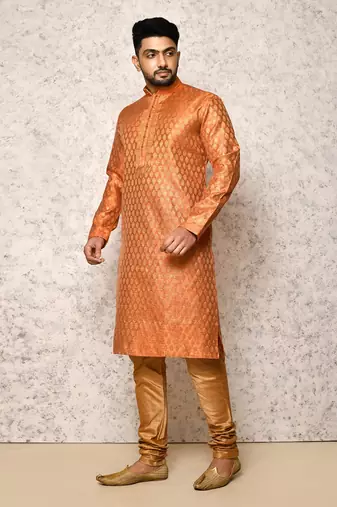 Ranak Orange Art Silk Kurta Pajama