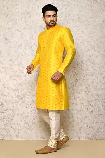 Ranak Yellow Art Silk Kurta Pajama