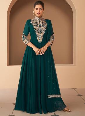 Teal Green Georgette Embroidered Ramadan Eid Anarkali Salwar Kameez - Semi Stitched 1