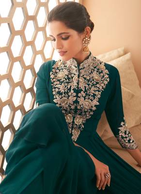 Teal Green Georgette Embroidered Ramadan Eid Anarkali Salwar Kameez - Semi Stitched 2