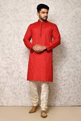 Ranak Red Cotton & Jacquard Kurta Pajama 1