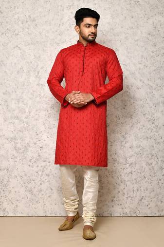 Ranak Red Cotton & Jacquard Kurta Pajama