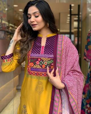  Yellow Muslin Fabric Embroidered Printed work Straight cut Kurta, Pant and Dupatta Set 2