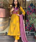  Yellow Muslin Fabric Embroidered Printed work Straight cut Kurta, Pant and Dupatta Set