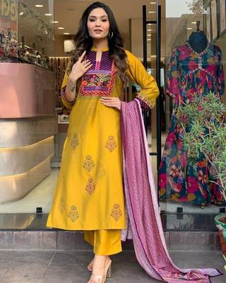  Yellow Muslin Fabric Embroidered Printed work Straight cut Kurta, Pant and Dupatta Set 3
