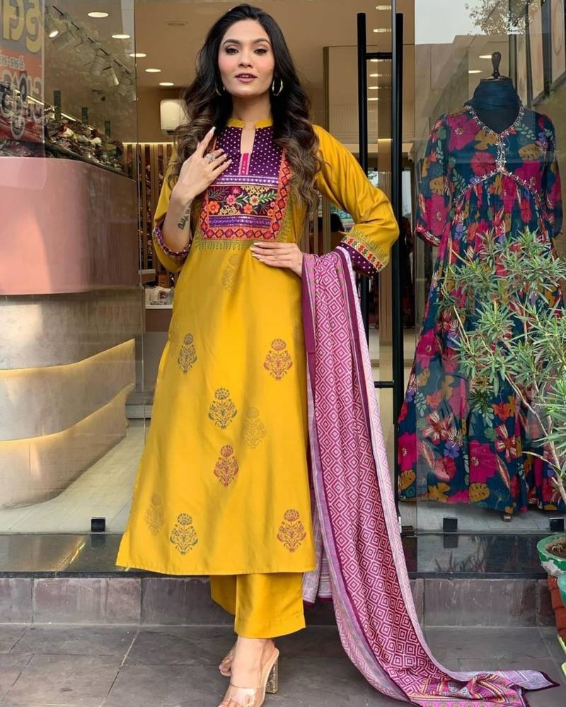  Yellow Muslin Fabric Embroidered Printed work Straight cut Kurta, Pant and Dupatta Set