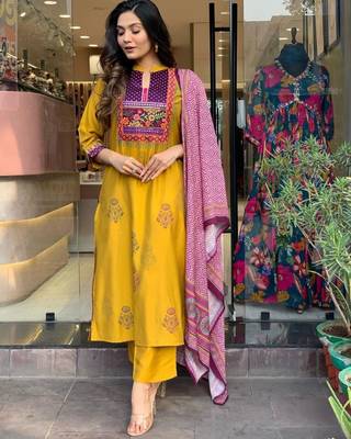  Yellow Muslin Fabric Embroidered Printed work Straight cut Kurta, Pant and Dupatta Set 4