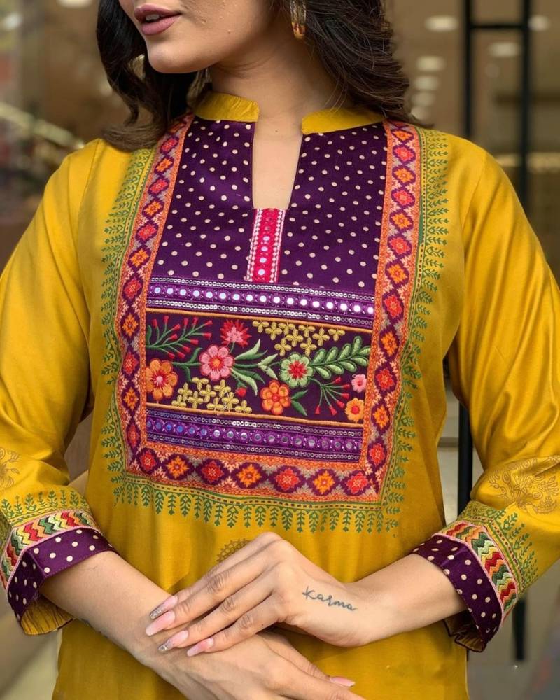  Yellow Muslin Fabric Embroidered Printed work Straight cut Kurta, Pant and Dupatta Set