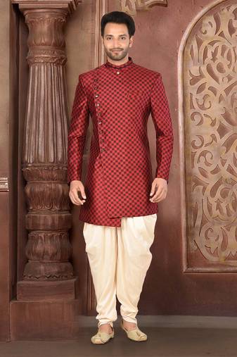 Ranak Red & Beige Resham Tissue Silk Indo-Western