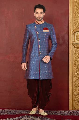 Ranak Blue & Maroon Mulbary Butti Silk Indo-Western