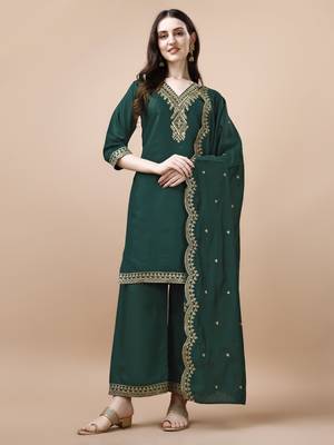 Hirvanti fashion women's chanderi silk embroidered straight kurta with palazzos and dupatta 1