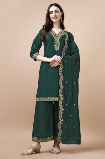 Hirvanti fashion women's chanderi silk embroidered straight kurta with palazzos and dupatta