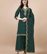 Hirvanti fashion women's chanderi silk embroidered straight kurta with palazzos and dupatta