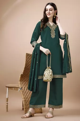 Hirvanti fashion women's chanderi silk embroidered straight kurta with palazzos and dupatta