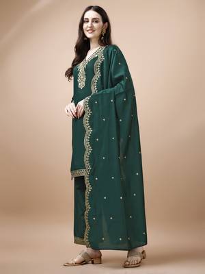 Hirvanti fashion women's chanderi silk embroidered straight kurta with palazzos and dupatta 3