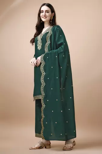 Hirvanti fashion women's chanderi silk embroidered straight kurta with palazzos and dupatta