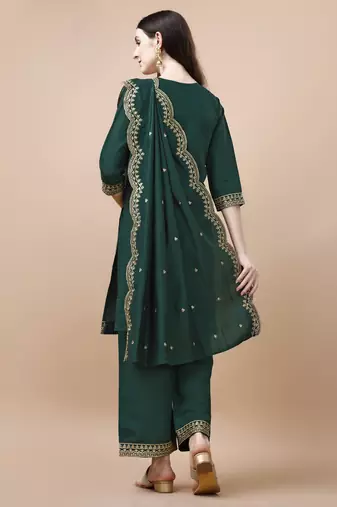 Hirvanti fashion women's chanderi silk embroidered straight kurta with palazzos and dupatta