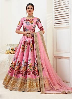 Pink Embroidered And Printed Satin Circular Lehenga With Blouse Up To 42" Size 1