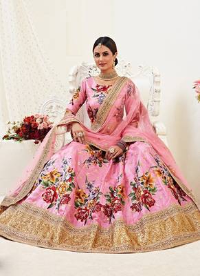Pink Embroidered And Printed Satin Circular Lehenga With Blouse Up To 42" Size 2