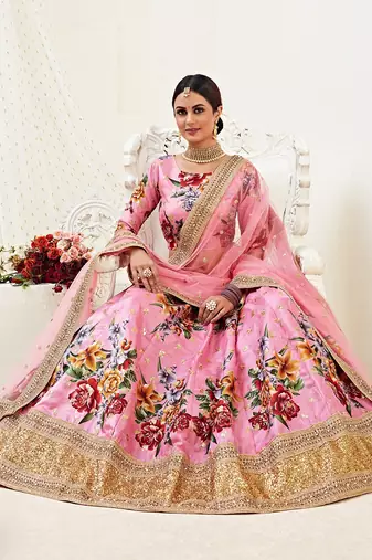 Pink Embroidered And Printed Satin Circular Lehenga With Blouse Up To 42" Size