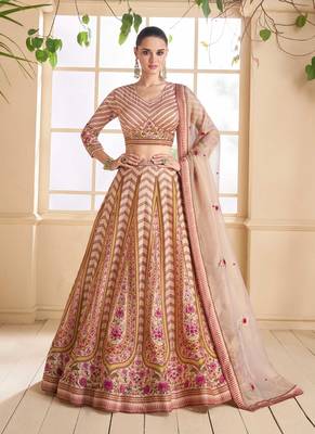 Beige Embroidered Art Silk Circular Lehenga With Blouse Up To 42" Size 1