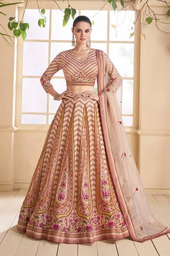 Beige Embroidered Art Silk Circular Lehenga With Blouse Up To 42" Size