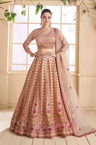 Beige Embroidered Art Silk Circular Lehenga With Blouse Up To 42" Size