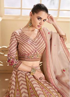 Beige Embroidered Art Silk Circular Lehenga With Blouse Up To 42" Size 2