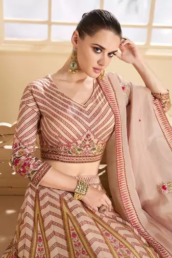 Beige Embroidered Art Silk Circular Lehenga With Blouse Up To 42" Size