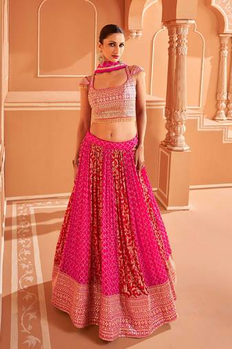 Pink Embroidered Chiffon Circular Lehenga With Blouse Up To 42" Size