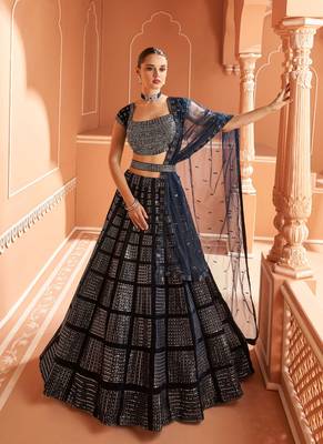 Blue Embroidered Velvet Circular Lehenga With Blouse Up To 42" Size 1