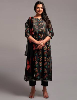Black Printed Rayon Fabric Sequence Embroidered work Straight cut Kurta, Pant and Dupatta Set 1
