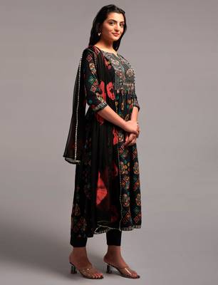 Black Printed Rayon Fabric Sequence Embroidered work Straight cut Kurta, Pant and Dupatta Set 2